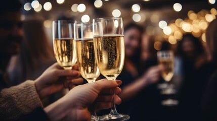 Celebration christmas or new years eve party. People holding glasses of champagne making a toast. Champagne with blurred background  Generative Ai