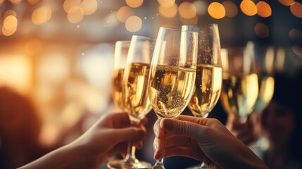 Celebration christmas or new years eve party. People holding glasses of champagne making a toast. Champagne with blurred background  Generative Ai - Powered by Adobe