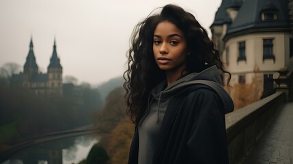 a dark woman dressed in elegant black leather fashion with a modern touch staying in front of a magnificent, dark, gloomy castle. generative AI