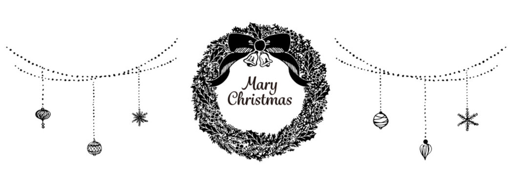 手描きの伝統的なクリスマスリースと壁面飾りオーナメント　白黒/線画/ペン画/横長
