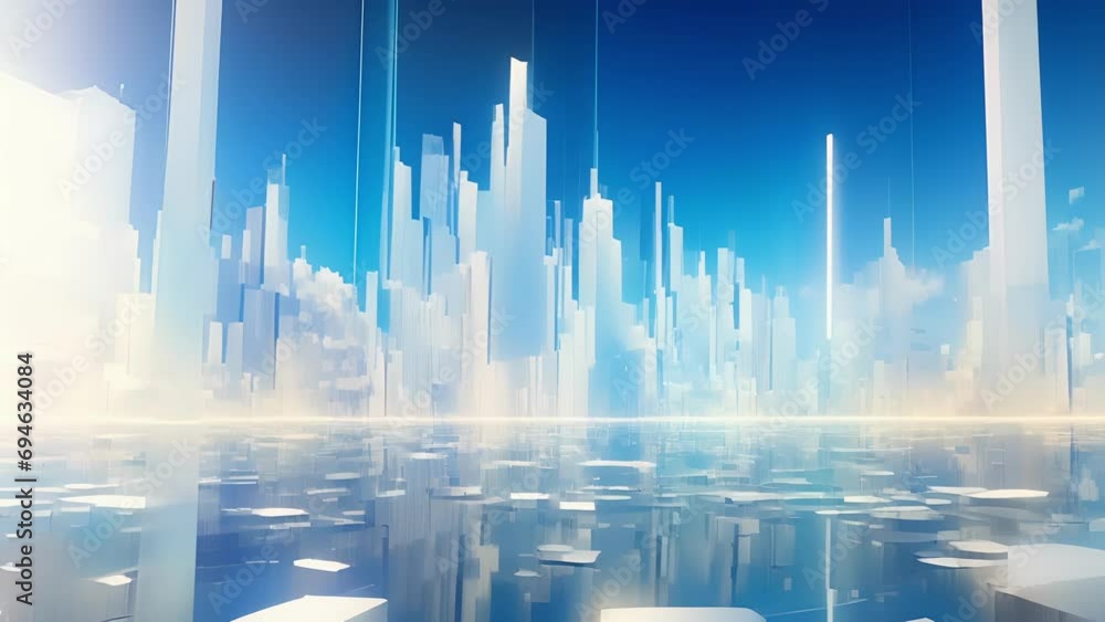 Poster a virtual cityscape, with algorithms depicted as towering skyscrapers stretching towards the sky, co