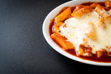 Korean rice cake in spicy Korean sauce with cheese, Cheese Tokpokki, Tteokbokki with Cheese