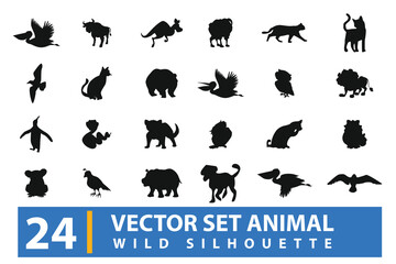 vector collection of silhouettes of zoo animals in the forest, mammals and amphibians, protected animals, pets. adorable and stylish isolated on background