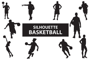 vector collection of silhouettes of basketball players, people playing basketball, sportsmen, humans. carrying the ball and style isolated on the background