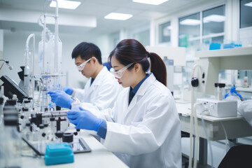 Asian engineers conducting experiments in a lab