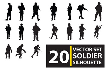 vector set of silhouettes of soldiers, people holding weapons, war soldiers. standing and stylish isolated with background