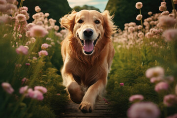 red golden retriever running through green grass with pink peonies