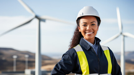 Female engineer standing at a wind turbine farm - obrazy, fototapety, plakaty