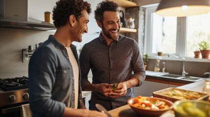 cheerful gay couple talking and having fun while cooking in a kitchen - obrazy, fototapety, plakaty