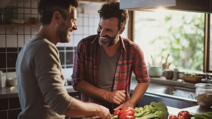 cheerful gay couple talking and having fun while cooking in a kitchen
