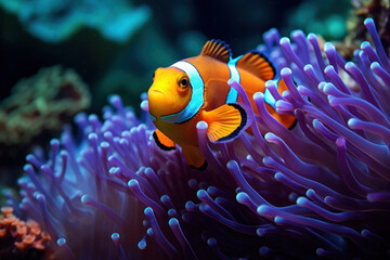 A macro photo of a bright orange clownfish - obrazy, fototapety, plakaty