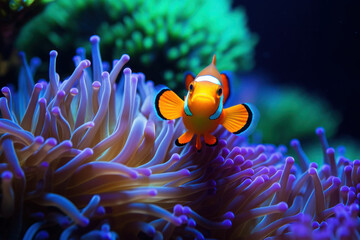 A macro photo of a bright orange clownfish - obrazy, fototapety, plakaty