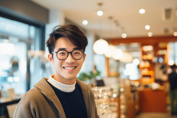 young smiling Korean man probing glasses in optician store - obrazy, fototapety, plakaty