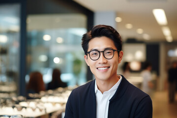 young smiling Korean man probing glasses in optician store