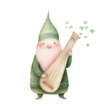 Watercolor illustration of cute gnome with Irish harp isolated on background, St. Patrick's Day concept clipart.