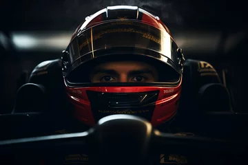Schilderijen op glas Formula 1 racer face sitting in his bolide © Ainur