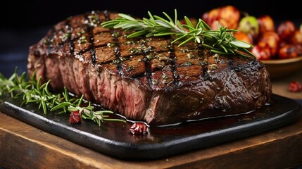 Succulent Grilled Steak Seasoned with Rosemary and Coarse Salt on a Slate Board

