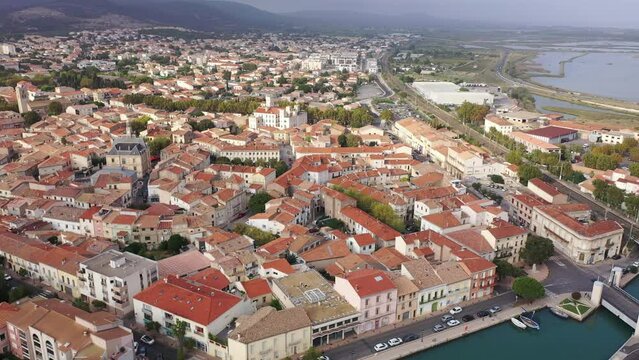 Bird's eye view of Frontignan, south France. Residential buildings and town hall visible from above.