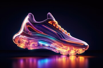A holographic luminous sneaker on a black background. Shoes of future. - obrazy, fototapety, plakaty