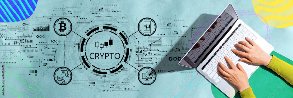 Poster crypto trading theme with person using a laptop computer