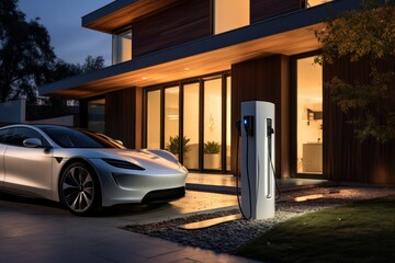 Electric charging of car at home. - obrazy, fototapety, plakaty