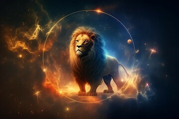 Leo zodiac sign against space nebula background - obrazy, fototapety, plakaty
