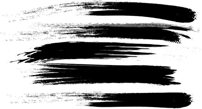 Abstract black long thick textured brush strokes isolated on white background