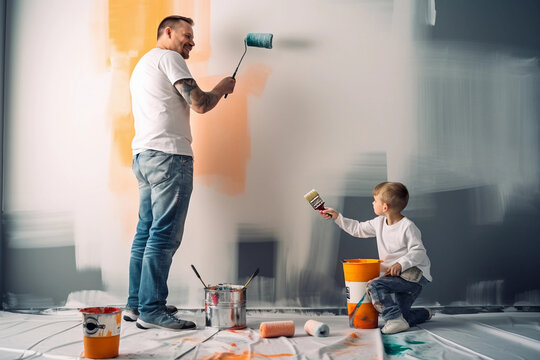 Son and father are painting wall together. Father's day. Labour day