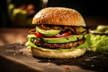 A close-up view of a California-style avocado burger served on a wooden table. (Generative AI)