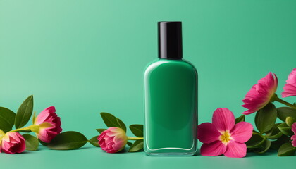 Obraz na płótnie Canvas Minimalist Illustration: Cosmetics Bottle with Flowers on Green Base
