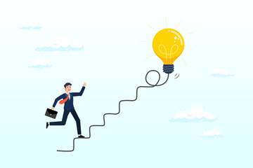 Businessman start walking on electricity line as stairway to big idea light bulb, creativity for business idea, brainstorm for new idea or opportunity, career path or goal achievement (Vector)