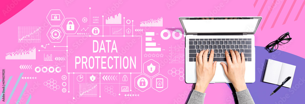 Poster data protection theme with person using a laptop computer