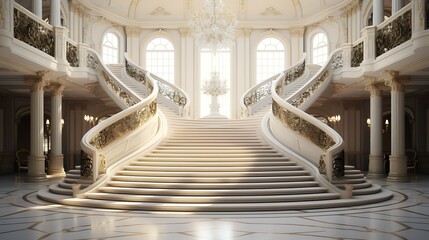 A grand staircase is adorned with elegant balusters - obrazy, fototapety, plakaty