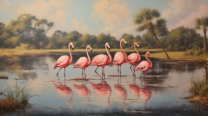 Vintage oil painting of flamingos and a river.