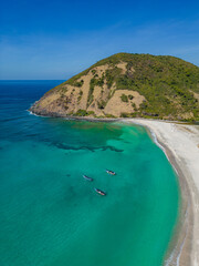 Aerial view of Mawun Beach in central Lombok in daylight. Indonesia