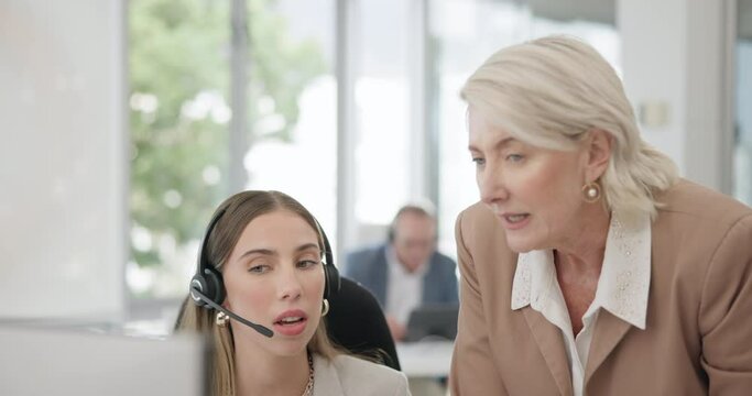 Call center, women and coaching with computer, talking and helping hand for development, learning and teaching. Senior crm, consultant training and advice for telemarketing, mentorship and management