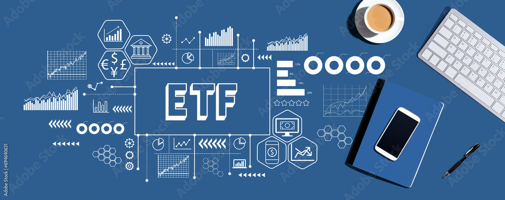 Poster etf theme with a computer keyboard and office items