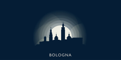 Bologna cityscape skyline city panorama vector flat modern banner illustration. Italy, Emilia-Romagna region emblem idea with landmarks and building silhouettes at sunrise sunset night © Anastasiia