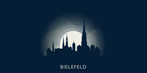 Bielefeld cityscape skyline city panorama vector flat modern banner illustration. Germany region emblem idea with landmarks and building silhouettes at sunrise sunset night