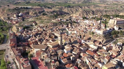 Aerial townscape of Fraga, comarca of Bajo Cinca, province of Huesca, Aragon, Spain