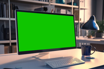 work desk with green screen monitor - obrazy, fototapety, plakaty