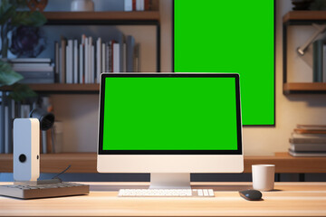work desk with green screen monitor