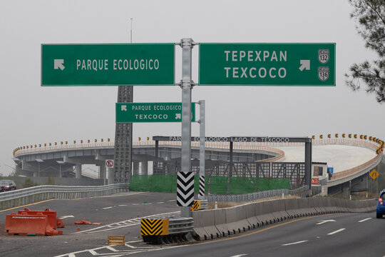 Mexico-Texcoco Highway. Entrance to the future Ecological Park of Lake Texcoco on a cloudy day.