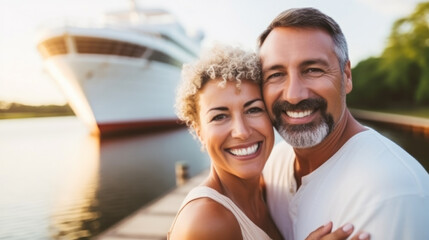Happy Couple On Shore in Front of Cruise Ship While on Vacation. - obrazy, fototapety, plakaty