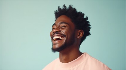 Laughing Black Man isolated on Minimalist Background. DEIB, Diversity, Equity, Inclusion, Belonging
