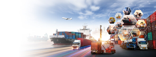 Smart technology concept with global logistics partnership Industrial Container Cargo freight ship,...