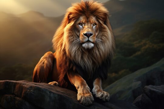 Majestic Lion with Beautiful Mane Sitting on Massive Rock in Striking Lighting