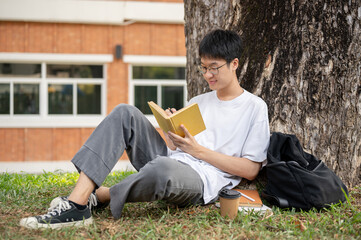 Obraz premium A positive, nerd Asian male student is writing some ideas in a book under the tree in a campus park.