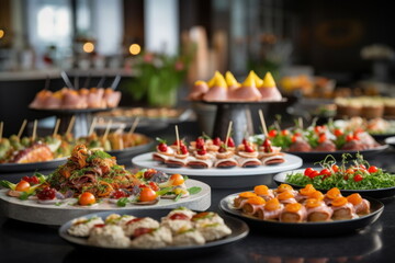Buffet food catering food party at restaurant mini canapes snacks and appetizers