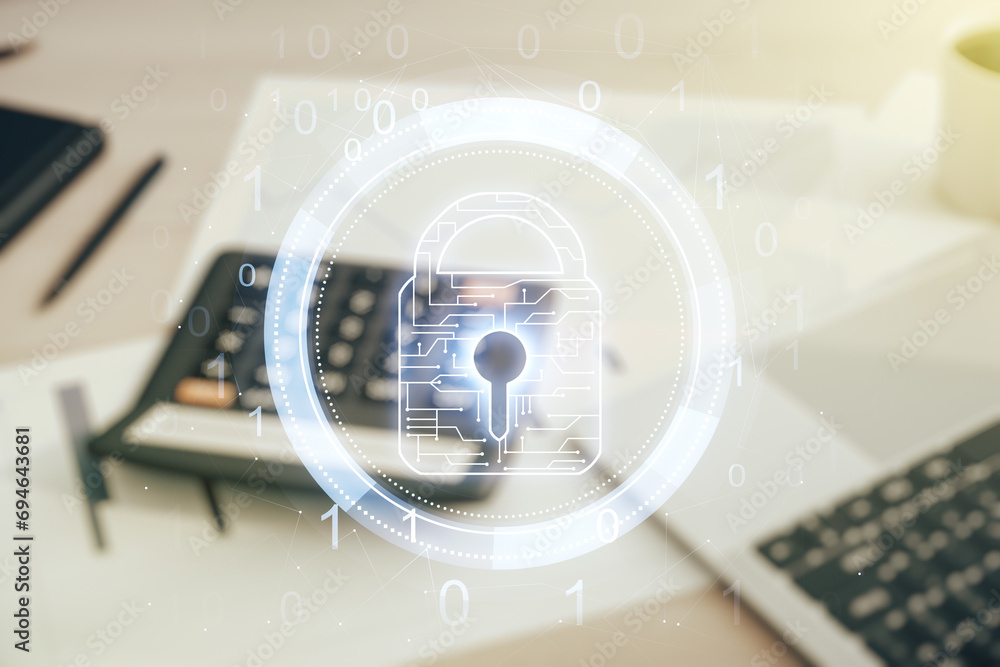 Poster virtual creative lock illustration with microcircuit on blurry calculator and computer background, c